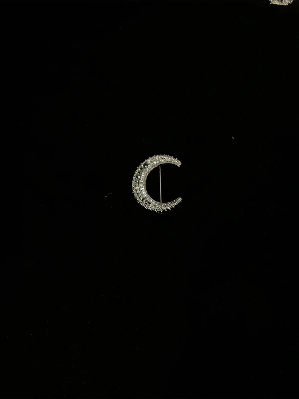 Chanel Silver Crescent Moon Brooch with Crystals